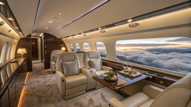 A luxurious private jet interior featuring comfortable seating, elegant decor, and stunning views of clouds through large windows.