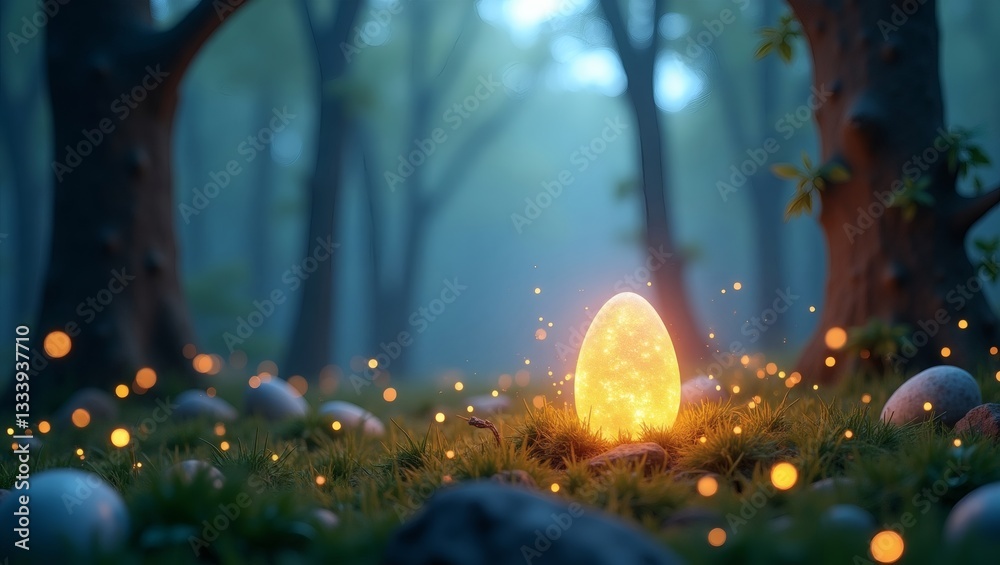 Poster a mystical, glowing egg in the heart of a magical forest, surrounded by shimmering lights and tall t