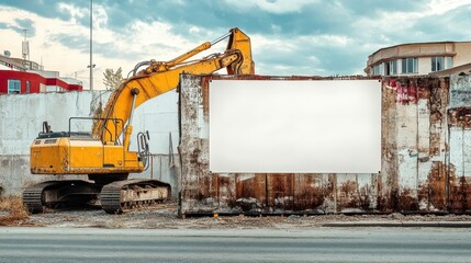 A yellow excavator next to an empty billboard advertisement