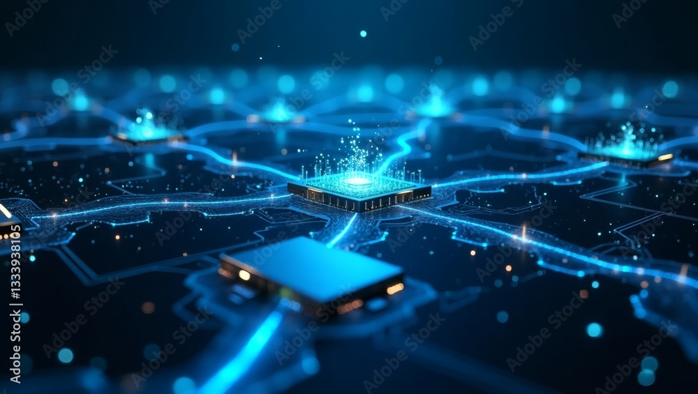 Poster glowing futuristic circuit board with interconnected nodes, symbolizing network connection and innovation