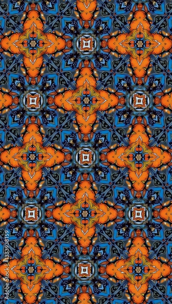 Poster intricate, repeating abstract pattern with vibrant colors. The image showcases symmetrical designs and captivating geometric forms