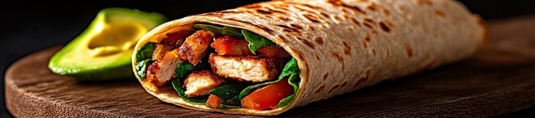 Healthy Grilled Chicken Wrap with Fresh Vegetables and Avocado. Generative AI