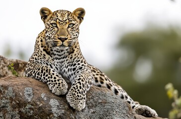 Fototapeta premium Majestic leopard resting on a rock, showcasing its stunning spotted coat in a beautiful natural habitat, with lush greenery in the background