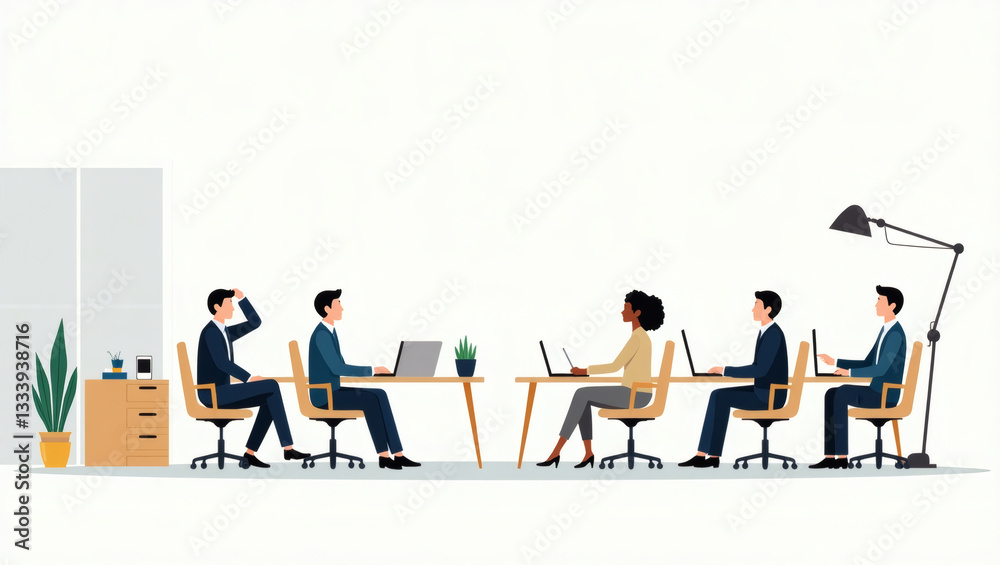 Poster a team of five people working together in a meeting, with computers and a desk