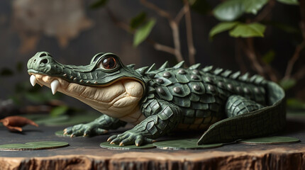 Fototapeta premium An adorable, charming alligator sculpted from layered papier-mâché material captures the ancient enchantment of a swamp. The piece showcases its cunning nature, the obscurity