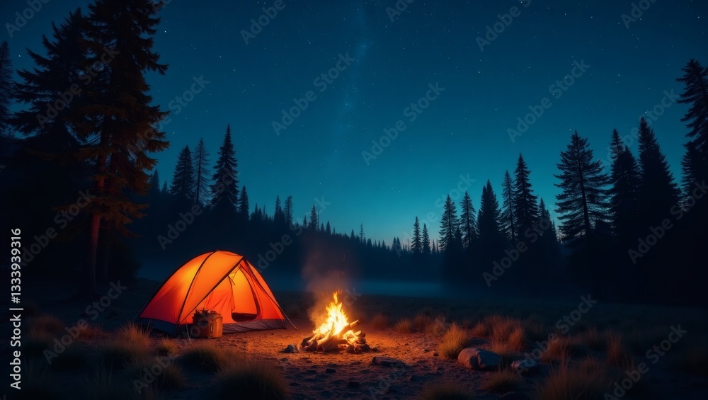 Poster a camping scene with an illuminated tent and a campfire under a starlit night sky, creating a warm a