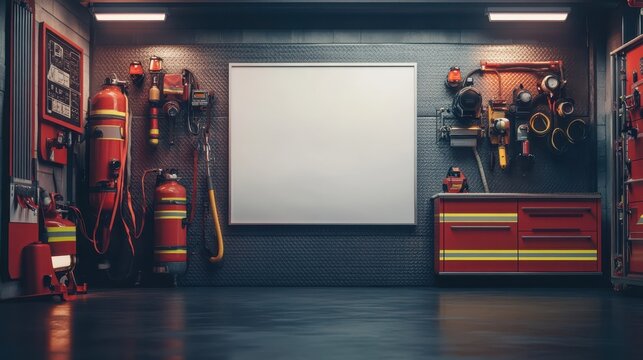 Interior of a fire station with tools and equipment displayed