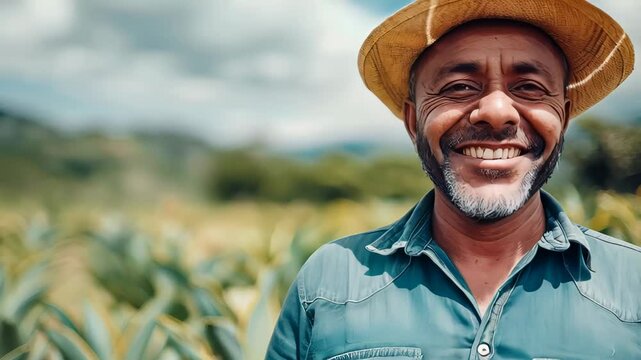 Smiling farmer stands proudly among lush pineapple fields in sunny countryside