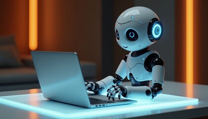 Fototapeta premium AI Robot Working on a Laptop at Night