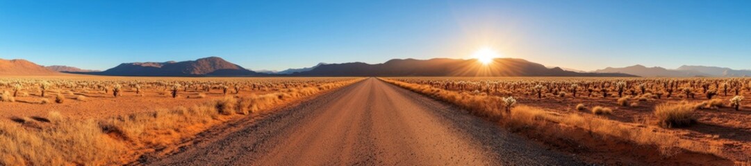 Naklejka premium Desert Road in Distant Landscape with Clear Blue Sky. Generative AI