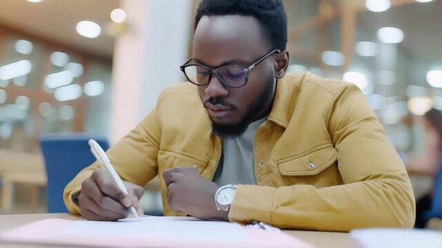 Student focused on notes in a modern library during evening study session