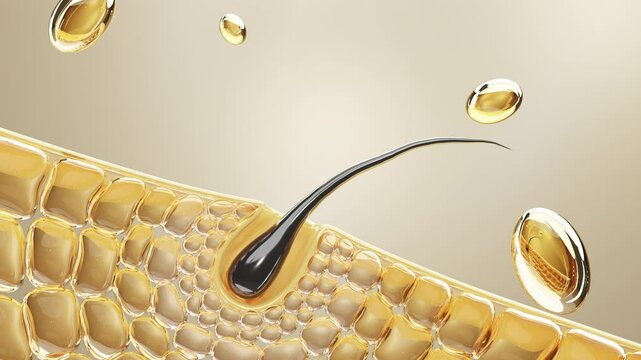 3D animation of a hair follicle absorbing nutrient-rich oil, representing deep nourishment, hydration, and scalp health for stronger, shinier, and healthier hair.