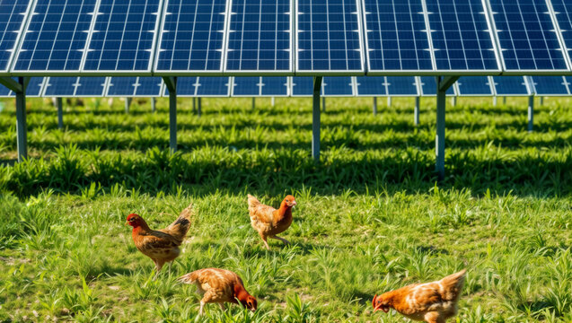 Agrivoltaic innovation. Free-range chickens forage beneath solar panel array on lush green pasture, demonstrating sustainable dual-use farming practice.