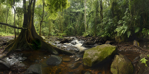 Lush rainforest river with mossy rocks and dense foliage