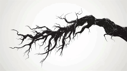 Obraz premium The image is a vector illustration of a single, large tree branch depicted in black against a light gray background. The branch is heavily gnarled and twisted, with numerous smaller branches