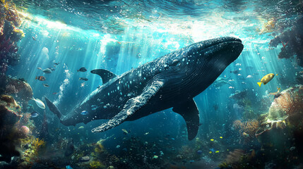 Fototapeta premium Glowing sea creature drifting in deep waters, a serene underwater encounter revealing nature's hidden wonders.