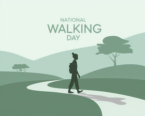 Obraz premium Woman hiking on a scenic trail celebrating National Walking Day. A serene illustration of a person hiking on a winding path through a grassy landscape on National Walking Day.