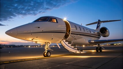 Fototapeta premium A sleek private jet illuminated during twilight, showcasing luxury and elegance on the tarmac with a staircase ready for boarding.