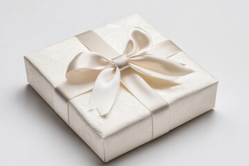Elegant white box, ivory ribbon bow, textured paper, invitation presentation.