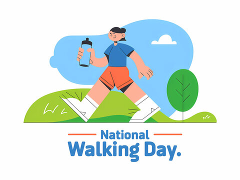 Happy National Walking Day Illustration of Active Person. A cheerful illustration of a person walking outdoors, perfect for National Walking Day promotion.