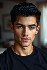 Obraz premium Improved jawline after mewing. Portrait of young guy after orthotropics, oral posture training. Looksmaxxing concept