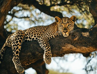 Majestic leopard resting on a tree branch amidst the serene natural landscape, showcasing its beautiful spotted coat and keen expression in golden sunlight