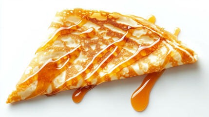 Delicious triangular crepe with syrup topping on white background for breakfast design