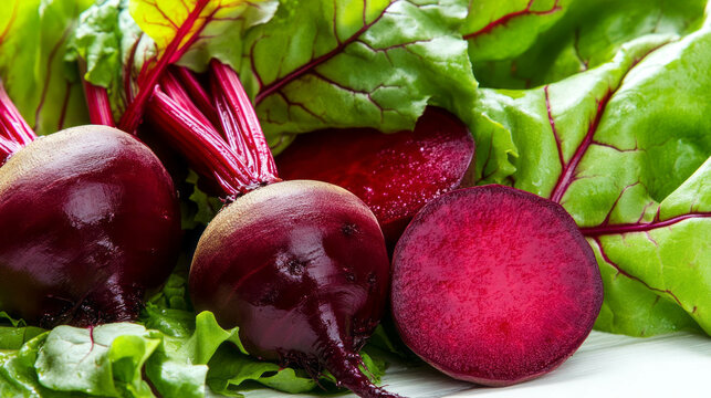 Fresh vinegret salad ingredients featuring vibrant beets and greens
