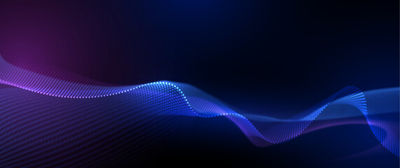 Vector abstract dynamic, wave - flow mesh particles pattern and dot on dark blue background. Illustration design futuristic, network technology background. Modern digital datum and science concept