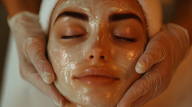 Serene Skincare: A close-up shot captures a woman's face during a luxurious spa treatment, as gloved hands gently apply a moisturizing facial mask, promoting relaxation and beauty.
