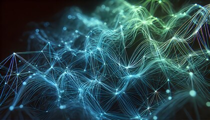 Neon glowing threads forming an intricate web in blue and green, creating an abstract background and wallpaper