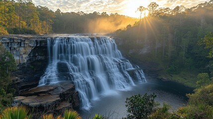 Fototapeta premium Sunrise over a majestic waterfall surrounded by lush forest and misty tranquility in the morning light