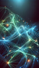 Luminous interconnected fibers in neon blue and green, forming a futuristic abstract background and wallpaper