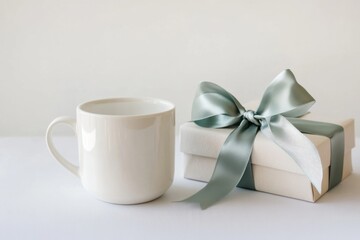 Gift box with ribbon, white cup, light background, minimalist design.