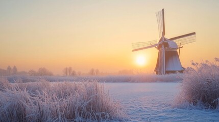 Winter Sunrise Over Frosty Field And Windmill