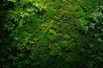Fototapeta premium Lush Green Moss and Plant Wall: A Detailed Look at Various Species in a Vibrant, Textured Composition, Showcasing the Beauty of Nature's Greenery