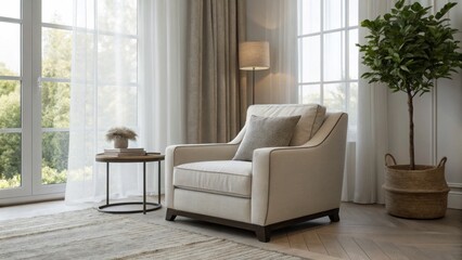 A cozy, minimalist living space featuring a light armchair, a side table, a lamp, and a potted plant, illuminated by natural light from large windows.