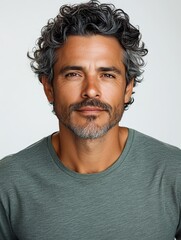 Portrait of a Hispanic man with curly gray hair wearing a graphic t shirt