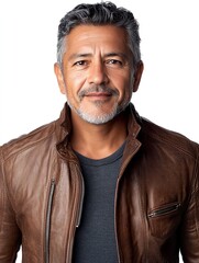 Portrait of a Hispanic Man with Gray Stubble in a Leather Jacket
