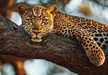 Obraz premium Majestic leopard resting on a tree branch with striking markings and serene expression in warm light illuminating its features in natural habitat