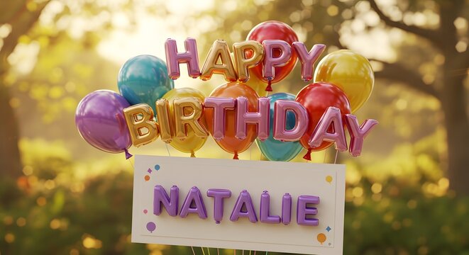 Happy Birthday Natalie with Colorful Balloons Festive Outdoor Celebration Theme