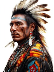 Native American Portrait Man with Traditional Feather Earring