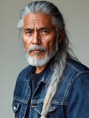 Portrait of Native American Man with Long Gray Hair in Traditional Headdress