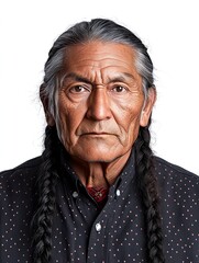 Portrait of Native American Man with Traditional Braided Hair and Regalia