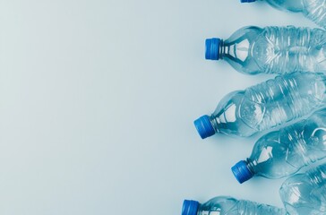 Plastic water bottles arranged on a light blue background