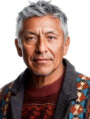 Portrait of Native American Man with Short Silver Hair Wearing Traditional Headdress