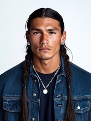 Portrait of Native American Man with Silver Studs and Denim Jacket