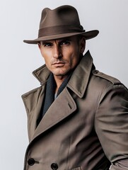 Stylish Man in Fedora and Trench Coat Classic Urban Fashion Photography