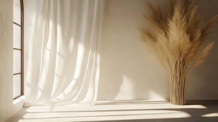 Sunlit Minimalist Interior with Pampas Grass and Sheer Curtains