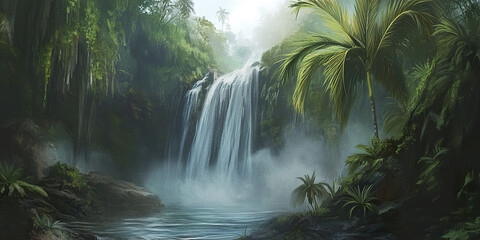 Lush tropical waterfall surrounded by dense greenery and mist